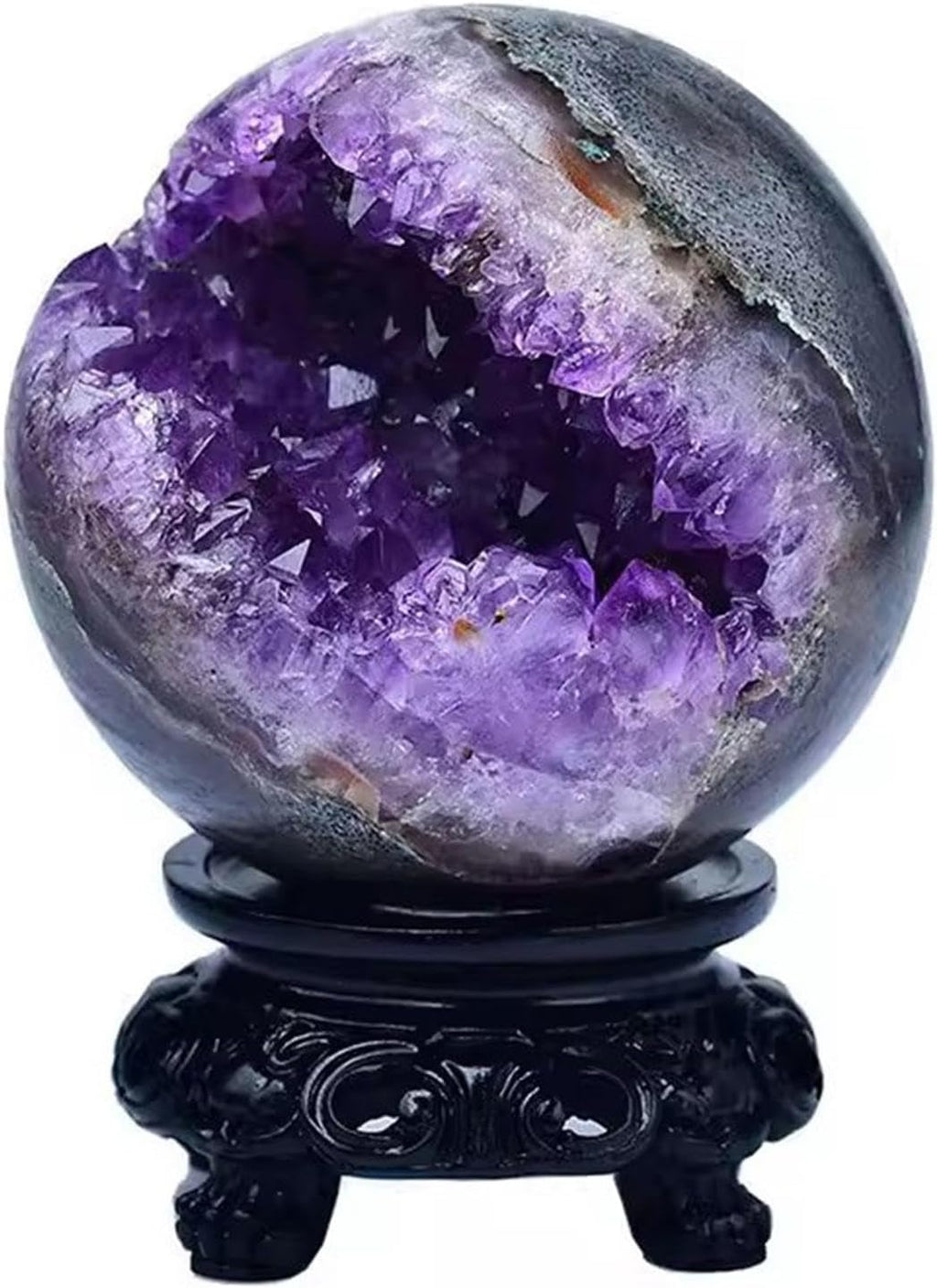 Amethyst Druzy Geode Gemstone Ball with Resin Stand Crystal Sphere Ball for Witchcraft Divination Home Office Decor,55-60mm