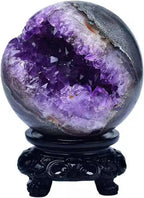 Amethyst Druzy Geode Gemstone Ball with Resin Stand Crystal Sphere Ball for Witchcraft Divination Home Office Decor,55-60mm