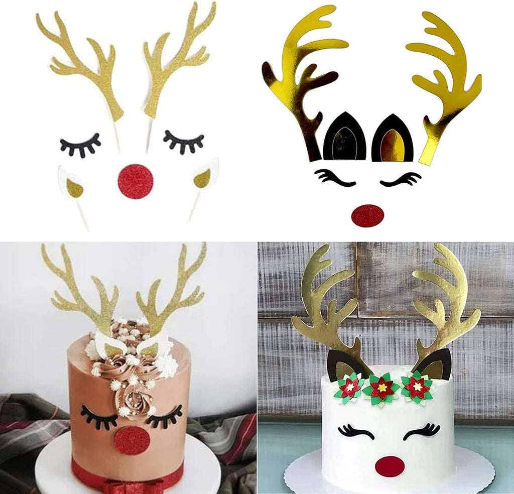 Saturey 2 Set Christmas Cake Topper Decorations Reindeer Antler with Eyelashes Nose Ear for Easter Xmas Party Decor Supplies