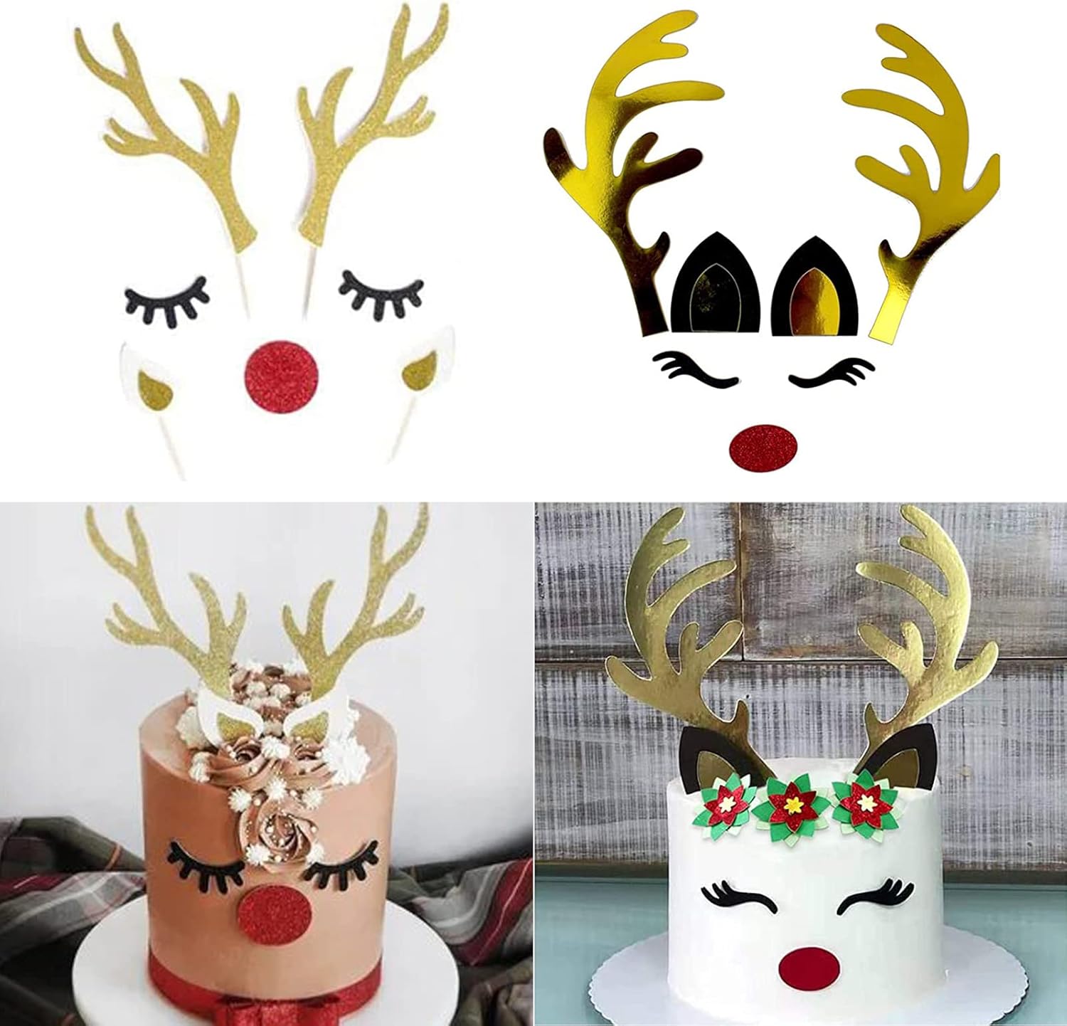 Saturey 2 Set Christmas Cake Topper Decorations Reindeer Antler with Eyelashes Nose Ear for Easter Xmas Party Decor Supplies