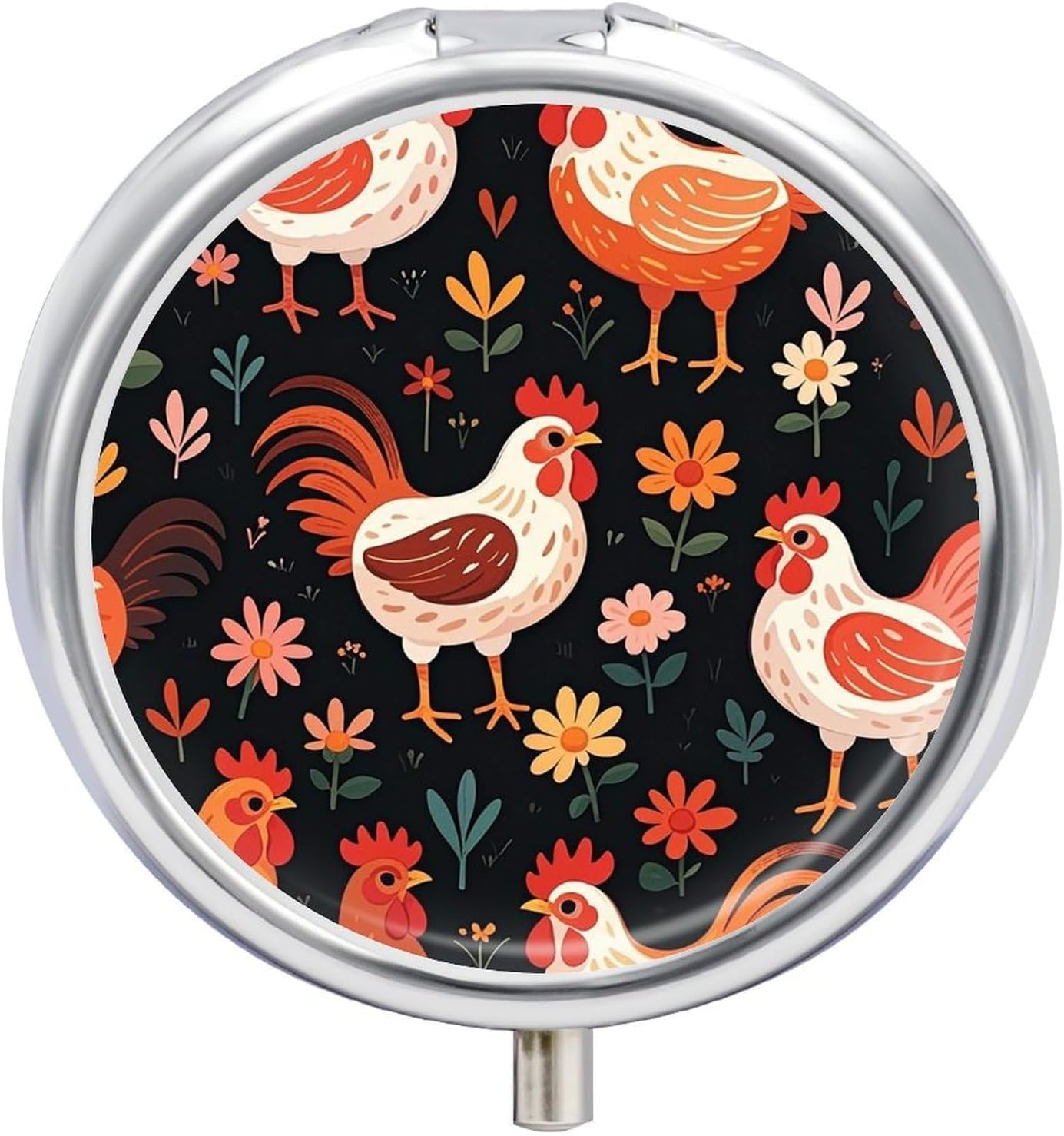 Cute Rooster Chickens Pill Organizer Cute Pill Box Decorative Metal Pill Case Portable Vitamin Organizer Travel Medicine Holder Mini Pill Storage Container for Purse