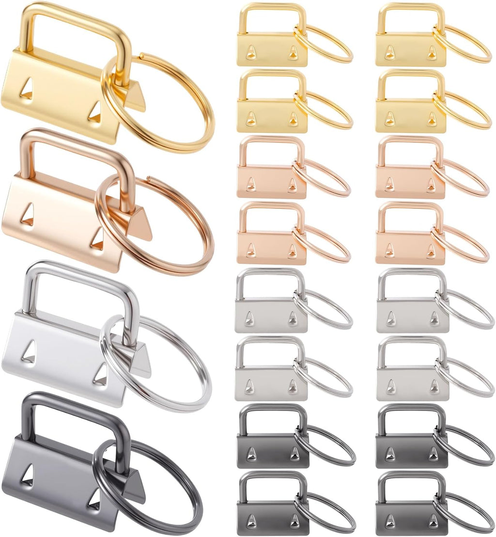 OIIKI 20 Pack Key Fob Hardware, Wristlet Keyfob Hardware Set with Split Rings, 25mm Keychain Clamp for Wristlets Key Lanyards Webbing Leash- 4 Colors