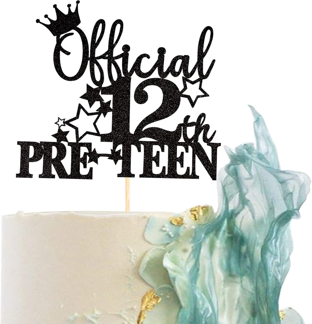 1 Pack Official Pre-teen 12 Cake Topper Glitter Happy 12th Birthday Cake Pick Cheers to 12 Years Old Cake Decorations for Teen 12th Birthday Party Supplies Black