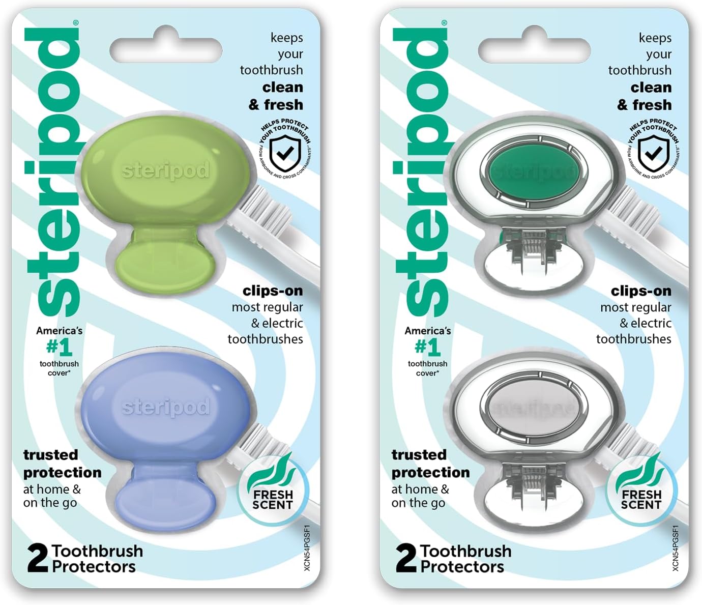 Steripod Clip-On Toothbrush Protector, Keeps Toothbrush Fresh and Clean, Fits Most Manual and Electric Toothbrushes, Blue, Green, Clear, 4 Count