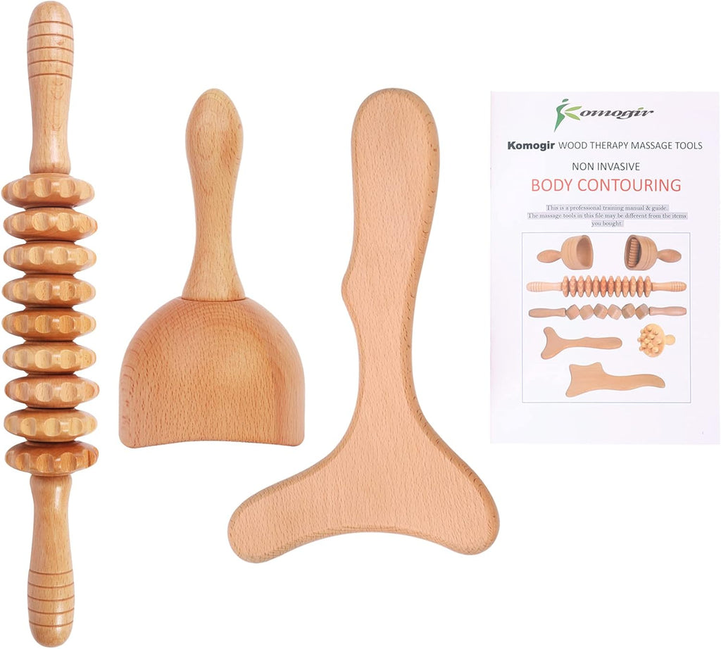Komogir 3-in-1 Wood Therapy Massage Tools Lymphatic Drainage Massager Wooden Massager for Maderoterapia,Anti-Cellulite, Body Sculpting & Contouring