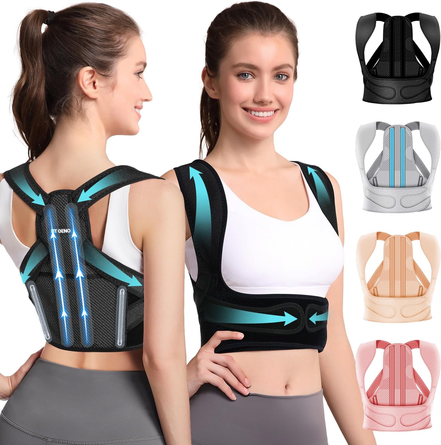 Fit Geno Posture Corrector for Women & Men: Adjustable Lightweight Upper Back Brace for Neck Shoulder & Upper Back Pain Relief - Improve Posture Correct Hunchback Slouching Invisible Under Clothes (XS/S Under Bust 30"-43")