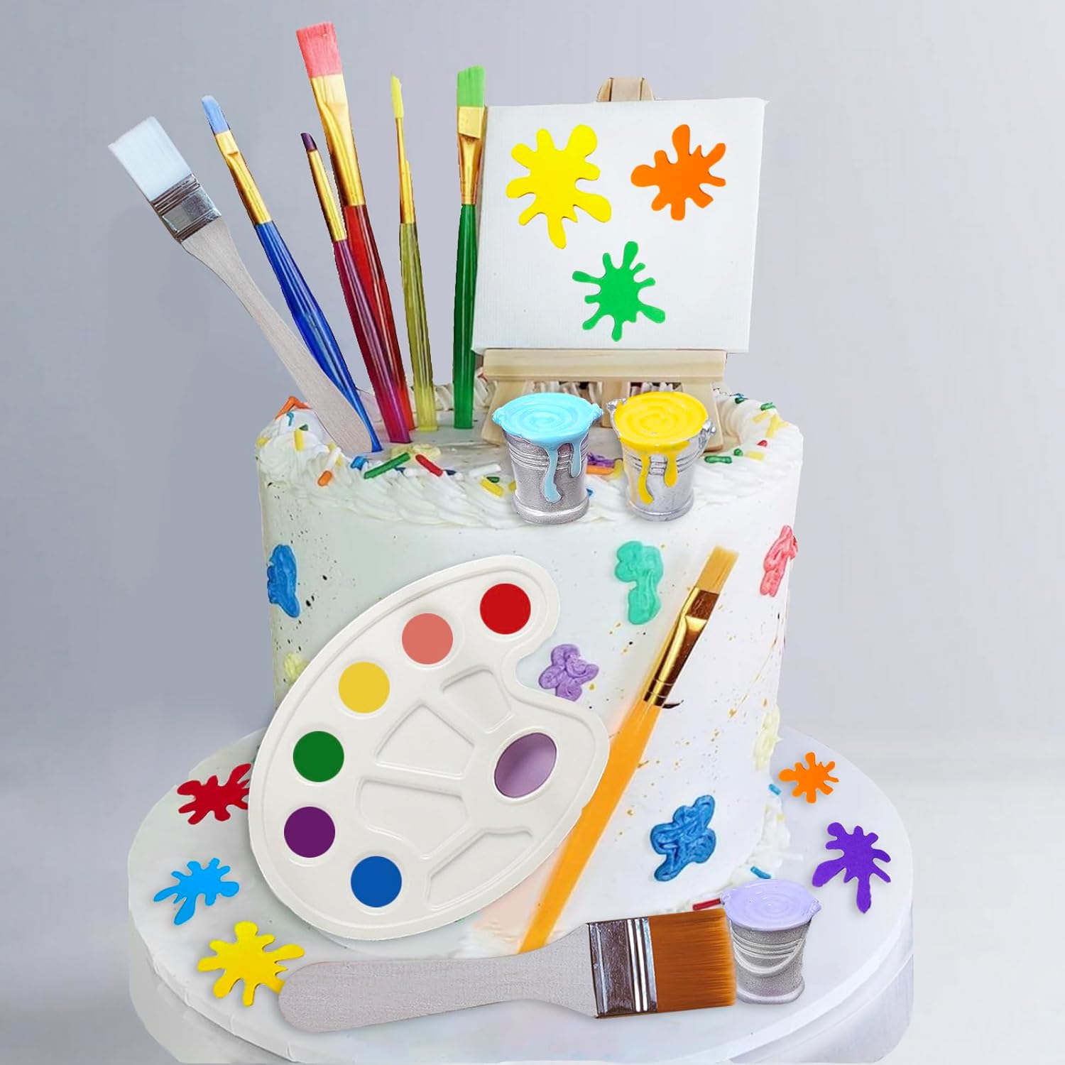 26 Pcs Art Cake Topper Paint Cake Decorations Painting Cake Toppers include Paint Pen Brush Painting Bucket Palette for Kids Birthday Baby Shower Art Themed Party Cake Decoration Supplies