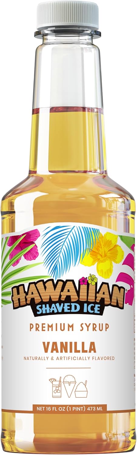 Hawaiian Shaved Ice Vanilla Syrup - Nut Soy Dairy Free - Flavor Fluffy & Crunchy Snow Cones - Shelf Stable - Makes 8 Servings - 16 ounces