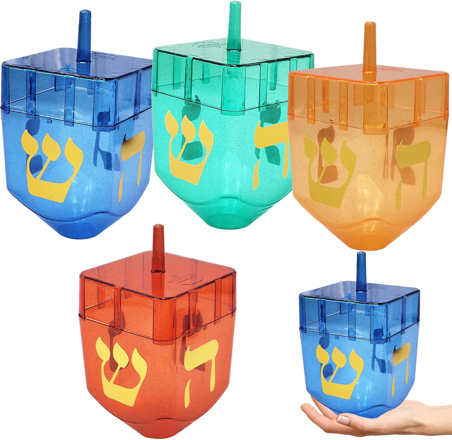 The Dreidel Company 4 Variety Jumbo Hanukkah Fillable 6.5" inch Dreidel, Stands Straight On Table, Can Be Filled with Hanukkah Gelt Or Hanukkah Chocolate
