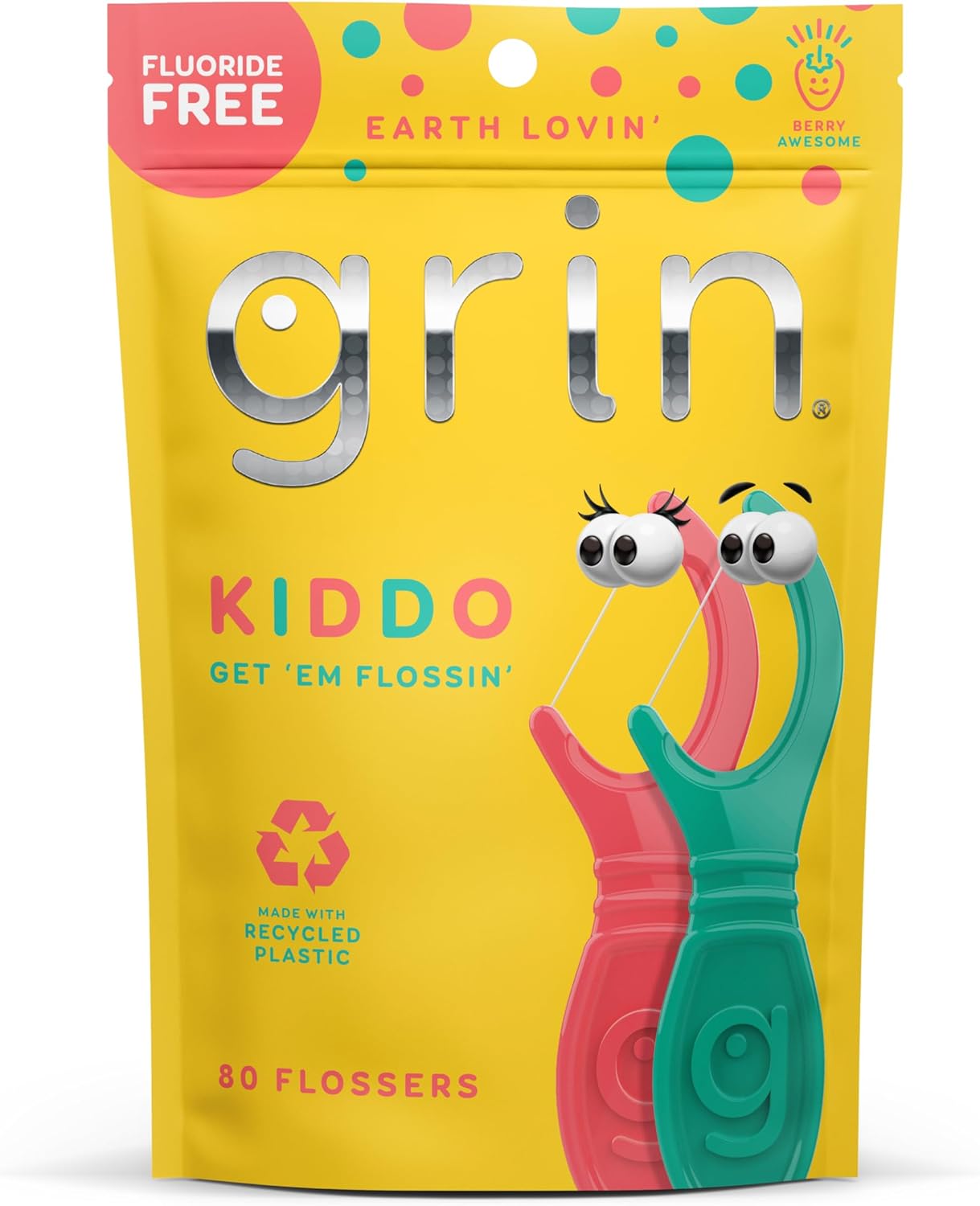 GRIN Kiddo Flossers, Berry Awesome Flavor, Recycled Plastic, Jumbo Grip, Get Your KIDDOS Flossin’ Early, Larger Floss Head, Child Safe! 80 Count, Floss Picks, Dental Flossers