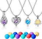 Blulu 4 Pcs Aromatherapy Essential Oil Diffuser Necklace for Women with 24 Pcs Refilled Scent Perfume Necklace Stainless Steel Locket Pendant Lava Stone Diffuser for Men Women Jewelry Birthday Gift