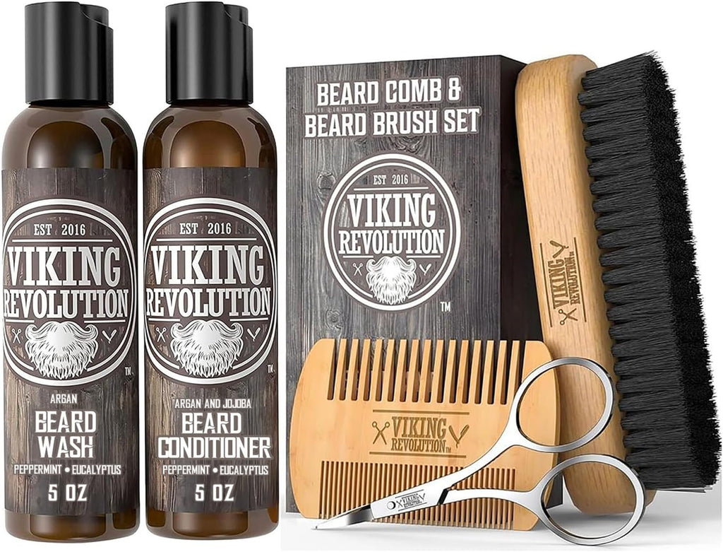 Viking Revolution Beard Brush and Comb Set with Peppermint Eucalyptus Beard Wash and Conditioner (5 Oz each) - Grooming Kit for Men with Argan and Jojoba Oils - Gifts for Men