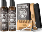 Viking Revolution Beard Brush and Comb Set with Peppermint Eucalyptus Beard Wash and Conditioner (5 Oz each) - Grooming Kit for Men with Argan and Jojoba Oils - Gifts for Men
