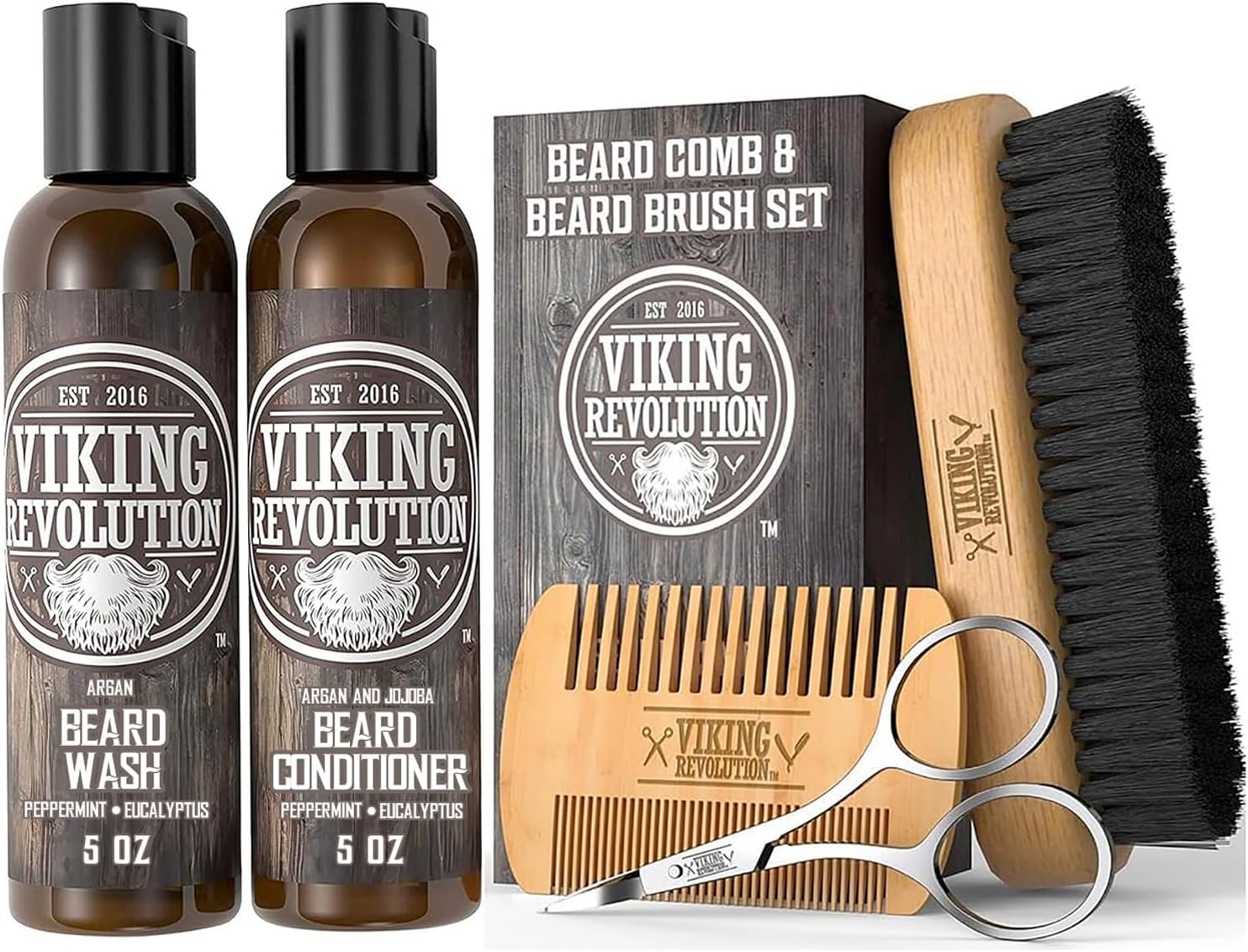 Viking Revolution Beard Brush and Comb Set with Peppermint Eucalyptus Beard Wash and Conditioner (5 Oz each) - Grooming Kit for Men with Argan and Jojoba Oils - Gifts for Men