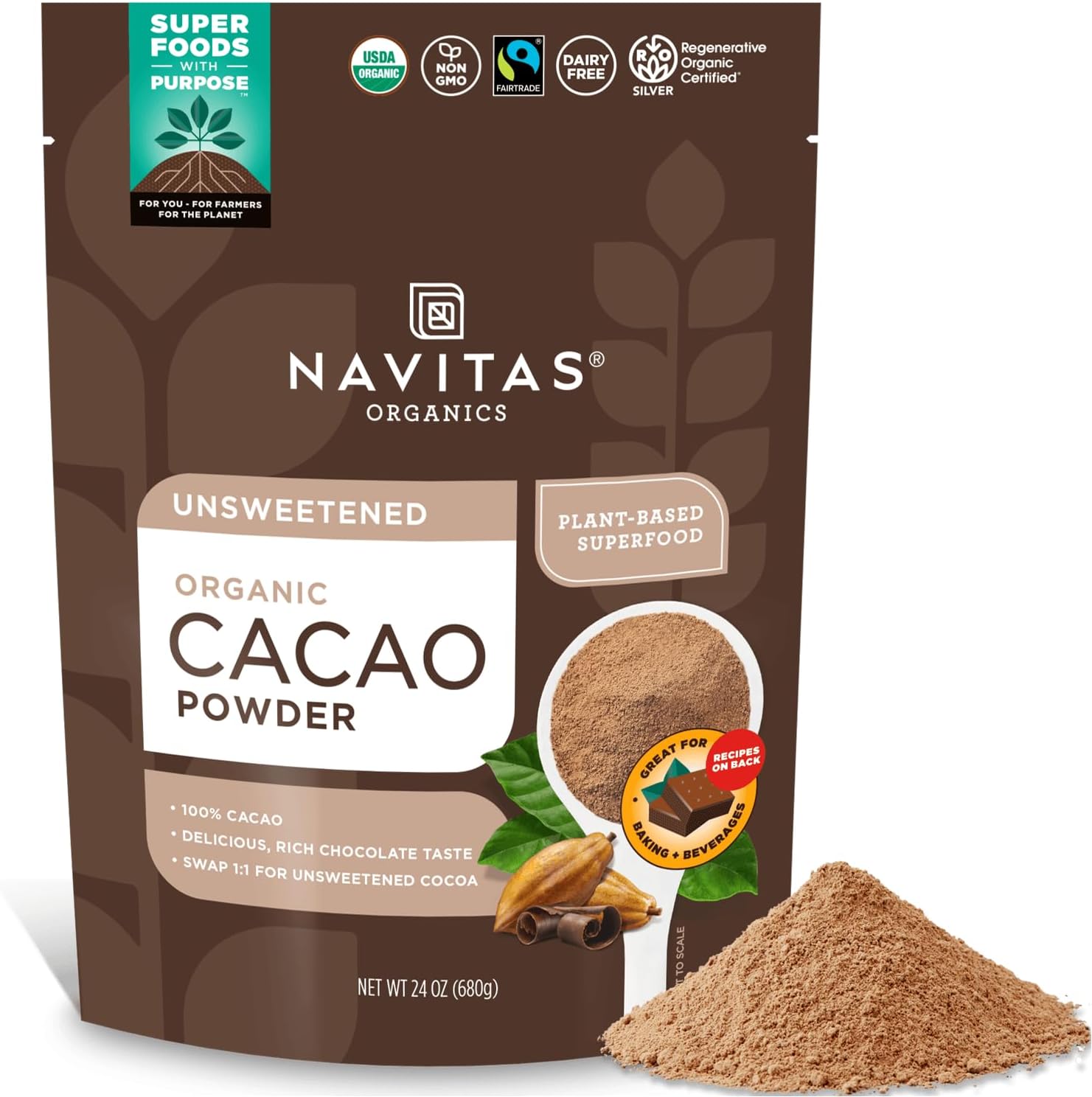 Navitas Organics Cacao Powder - Cocoa Powder Substitute 1:1, For Hot Chocolate, Baking & More - Regenerative Organic Certified, Non GMO, Fairtrade, Gluten Free, Non-alkalized (24oz. Bag, 113 Servings)