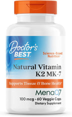 Doctor's Best Natural Vitamin K2 MK7 Supplement for Men & Women - Bone Health Support, 100 mcg Vitamin K-2 MK-7 Capsules with MenaQ7, Calcium Support, Non GMO, Vegan - 60 Veg Caps
