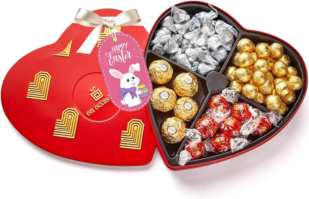 On Occasion Heart Chocolate Gift Box – Assorted Luxury Milk Chocolates in Red Tin – Gourmet Kosher Easter Candy for Him & Her – Easter Chocolate Gift Basket for Family & Friends (50 Count)