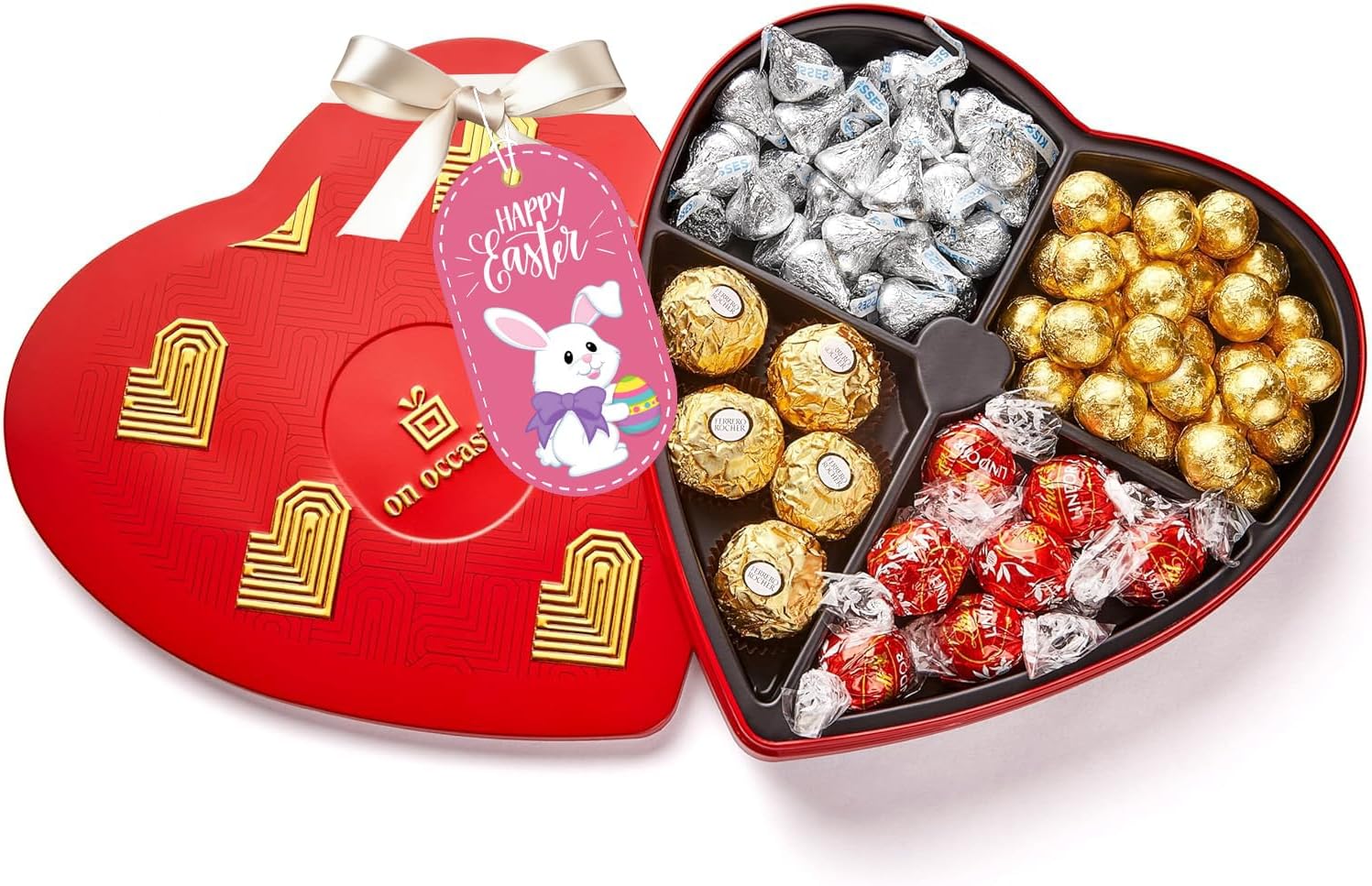 On Occasion Heart Chocolate Gift Box – Assorted Luxury Milk Chocolates in Red Tin – Gourmet Kosher Easter Candy for Him & Her – Easter Chocolate Gift Basket for Family & Friends (50 Count)