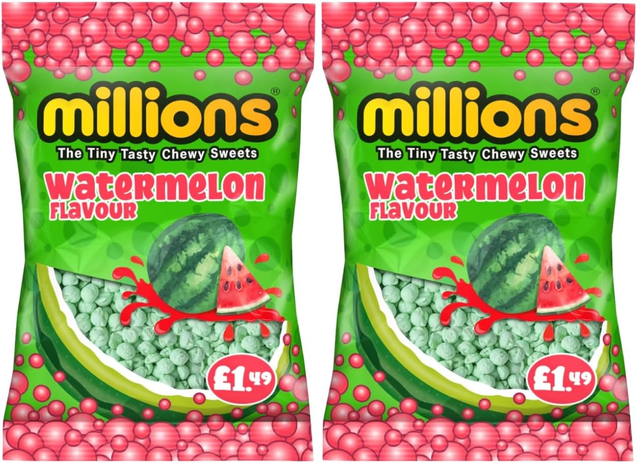 Millions Candy Assorted Flavors Pack 2 Pack, Strawberry, Vimto, Apple, Watermelon, Bubblegum, 110g (Watermelon)