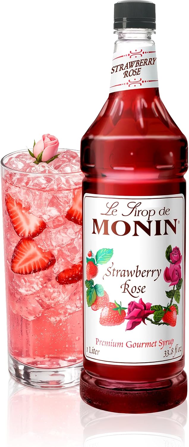 Monin - Strawberry Rose Syrup, Strawberry Rose Flavoring, Flavored Syrup, Coffee Flavoring, Natural Flavoring, Great for Lattes, Teas, Lemonades, Cocktails, & More (1 Liter)