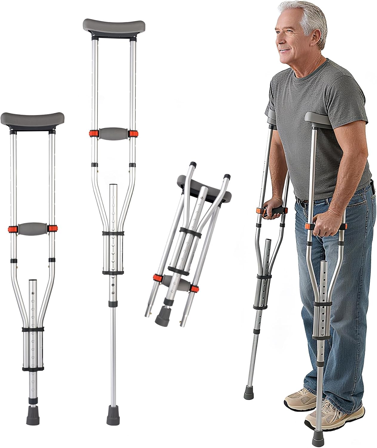 Aluminum Underarm Crutches for Adults & Seniors, Adjustable Height 38.2-61.8 in (16 Levels), Lightweight 2.0 lb Each, 300 lb per Pair, Non-Slip Tips, Tool-Free Setup, Push-Pin Locking