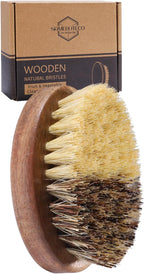 SAMEBUTECO Fruit & Vegetable Cleaning Brush with Acacia Wooden Handle, Dual Bristle Produce Scrubber with Sisal and Palm Fibers, Oval Easy-Grip Design, Single Brush with Box,Brown