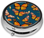 Heaps of Orange Monarch Butterflies Pattern Printed Pill Organizer,Round Travel Pill Organizer Mini Medicine Pill Box for Purse Iron Plating