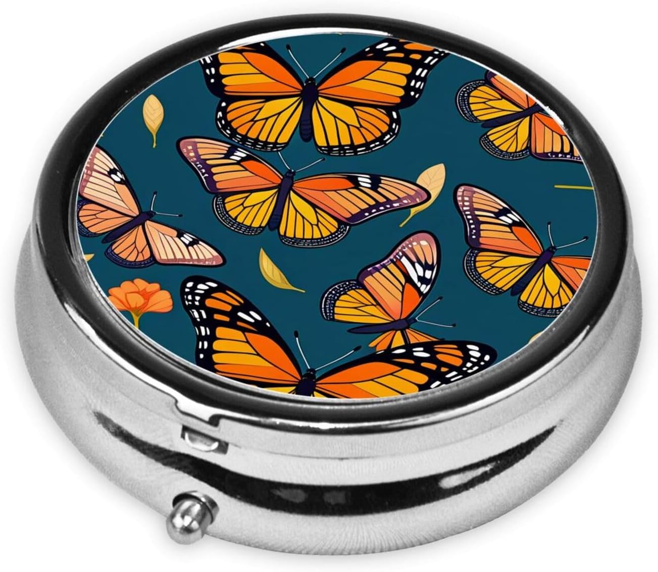 Heaps of Orange Monarch Butterflies Pattern Printed Pill Organizer,Round Travel Pill Organizer Mini Medicine Pill Box for Purse Iron Plating