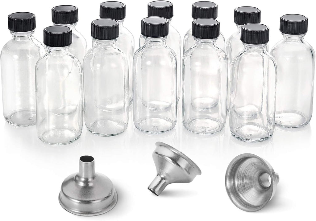 AOZITA 12 Pack, 2 oz Small Clear Glass Bottles w/Lid & 3 Funnels - 60ml Boston Shot Bottles for Health, Immunity, Potion, Wellness, Sample, Ginger, Juice - Mini Personal Care & Beauty Travel Bottle