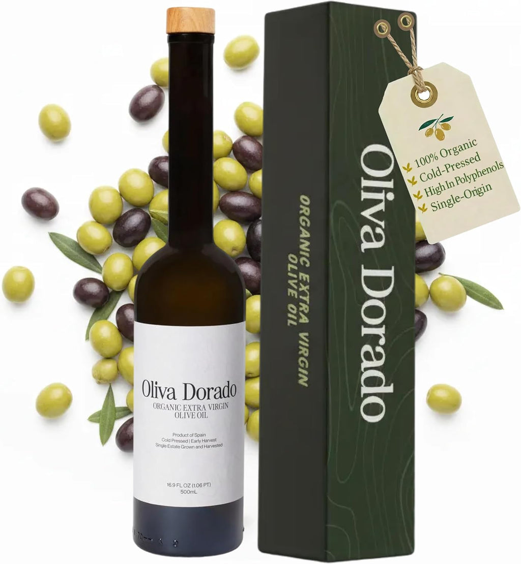 Oliva Dorado Organic Extra Virgin Olive Oil, 100% Unrefined & Cold Pressed, Made from Polyphenol Rich Arbequina Olives, Single Origin, Early Harvest Spanish Olive Oil, EVOO Glass Bottle (500mL)