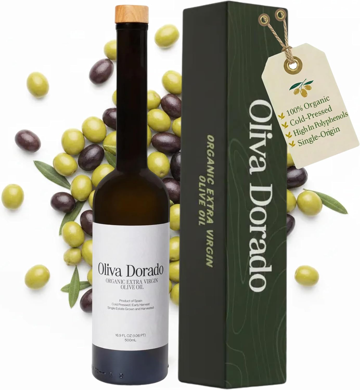 Oliva Dorado Organic Extra Virgin Olive Oil, 100% Unrefined & Cold Pressed, Made from Polyphenol Rich Arbequina Olives, Single Origin, Early Harvest Spanish Olive Oil, EVOO Glass Bottle (500mL)