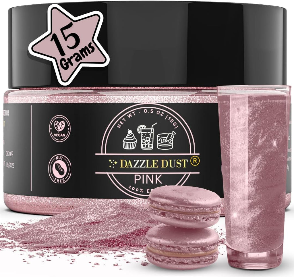 Dazzle Dust Edible Glitter Powder Sprinkles for Cake Decorating, Drinks, Cookie, Icing, Dessert Decorations, Sparkly Luster, Food-Grade, Vegan, Gluten Free, Kosher, Bulk 15g, Pink