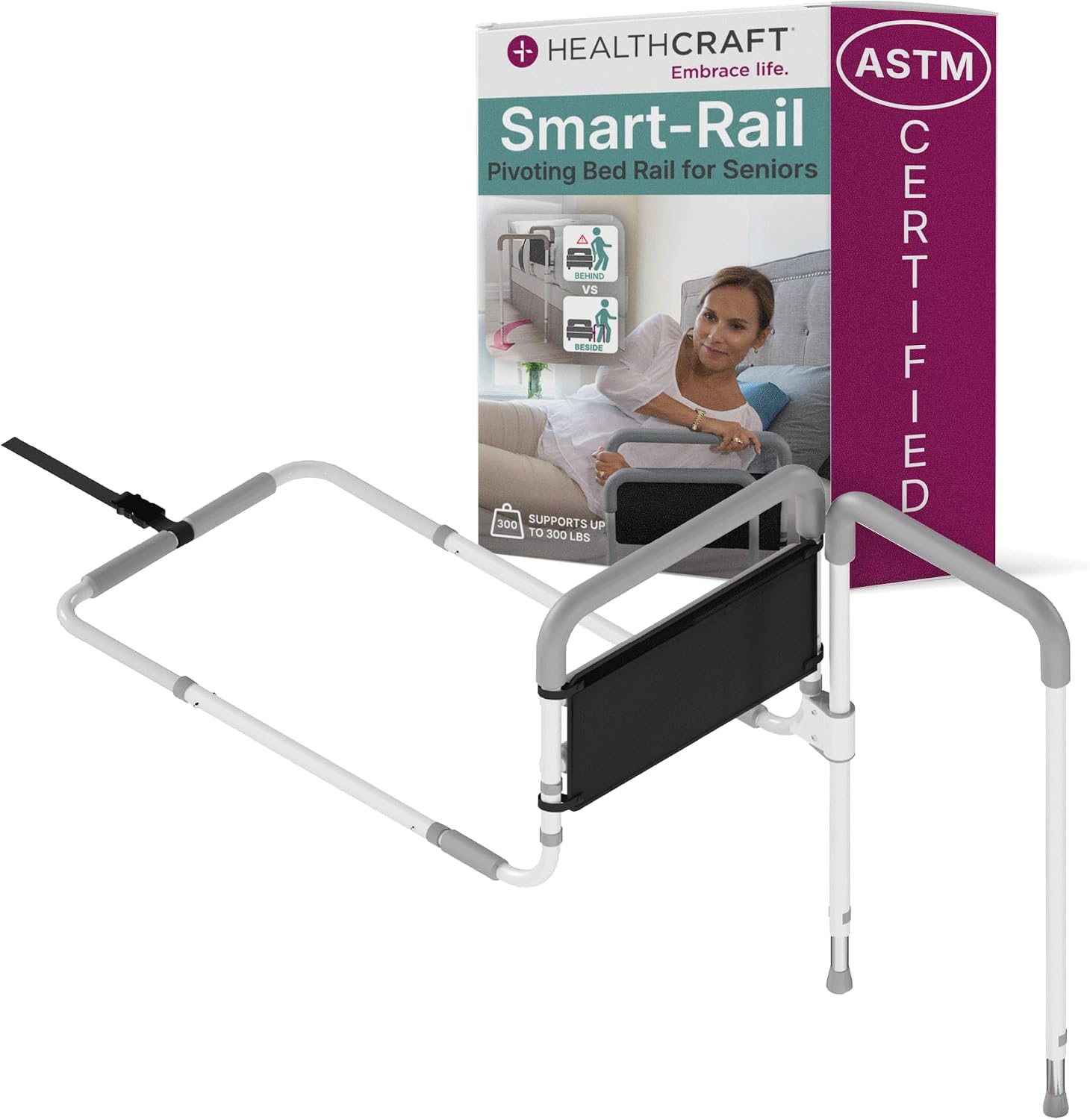 Healthcraft Smart-Rail Pivoting Bed Rail, Dual Position Bedside Grab Bar for Seniors, Adjustable Bed Rail for Elderly, Mobility Aid & Fall Prevention for Adults, Certified ASTM Safety Compliance