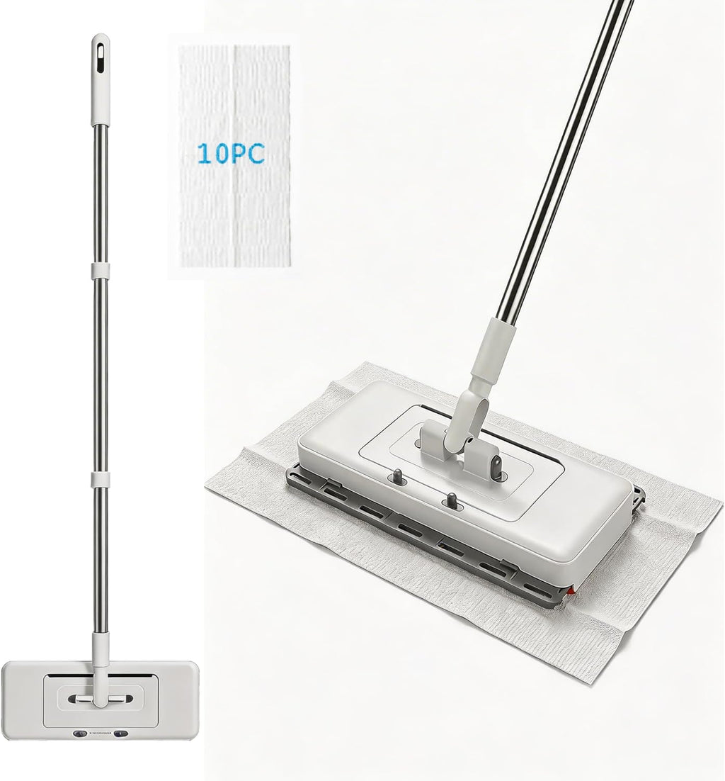 KZKR Upgrade Push Clamp Mop Kit - 2-in-1 Full Size Press Grip Lazy Sweeper Mop with Convenient Cloth Changing, Compatible with Swiffer Pads, Hardwood Tile Marble Floor Cleaning, 52in with10 Dry Cloths
