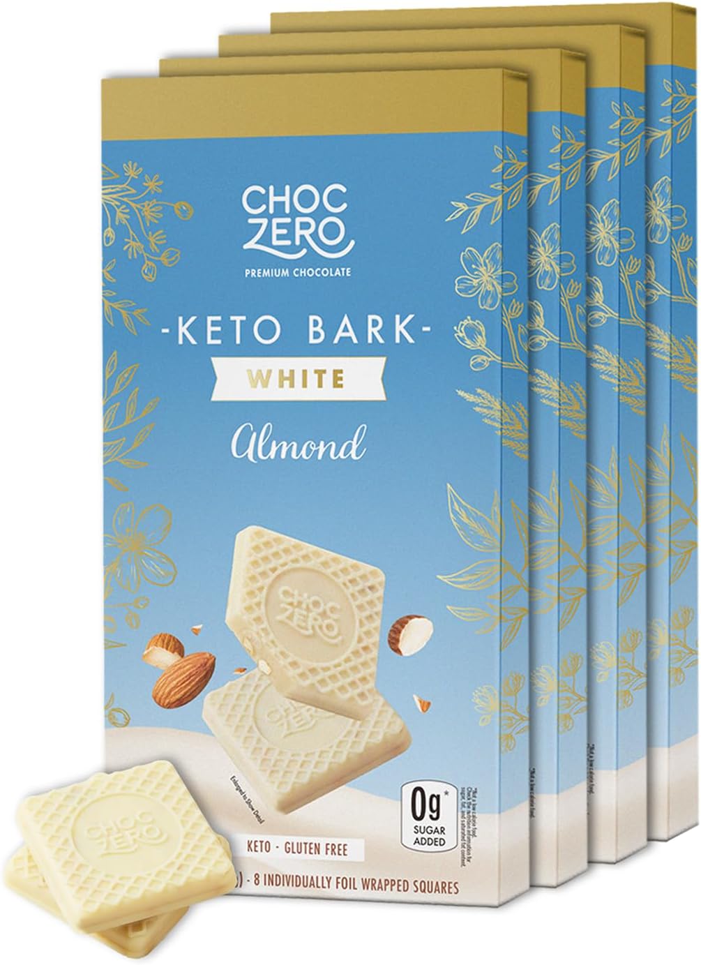 ChocZero Keto Bark, White Chocolate Almond, No Added Sugar, High Fiber, Low Carb, No Sugar Alcohols, No Artificial Sweeteners, 3.2 Ounce (Pack of 4)