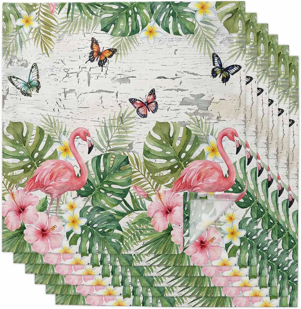 Summer Flamingo Flower Leaf Cloth Napkins Set of 6, Washable Napkins Cloth, Tropical Plant Butterfly Retro Wood Table Dinner Napkins for Kitchen Wedding Parties