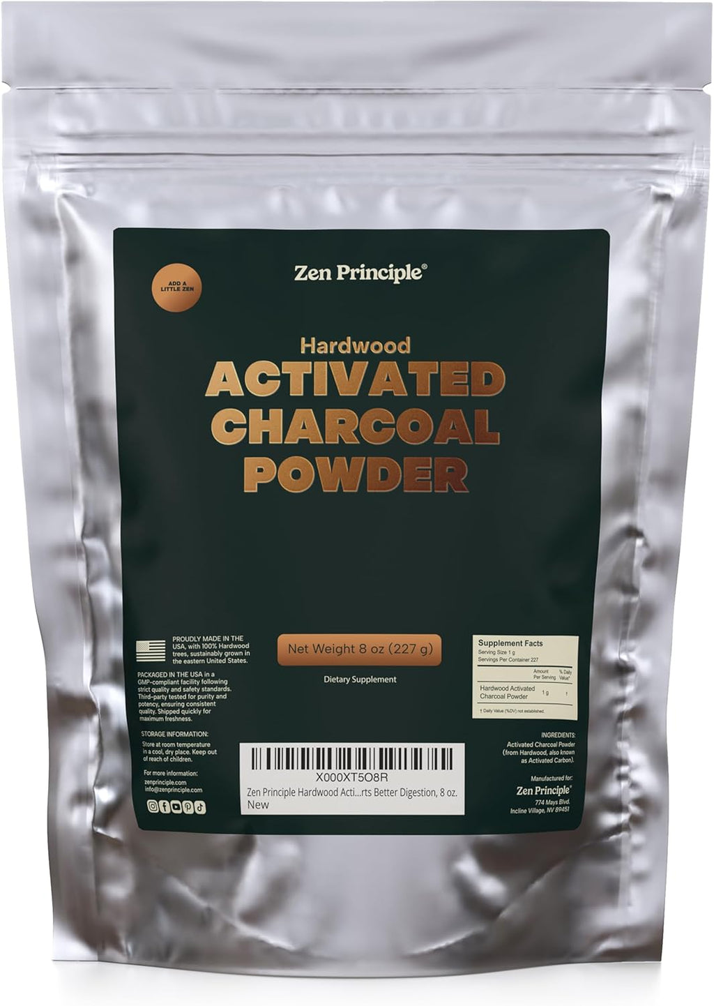 Zen Principle Hardwood Activated Charcoal Powder 100 Percent from USA Trees. All Natural. Whitens Teeth, Rejuvenates Skin and Hair, Supports Better Digestion, 8 oz.