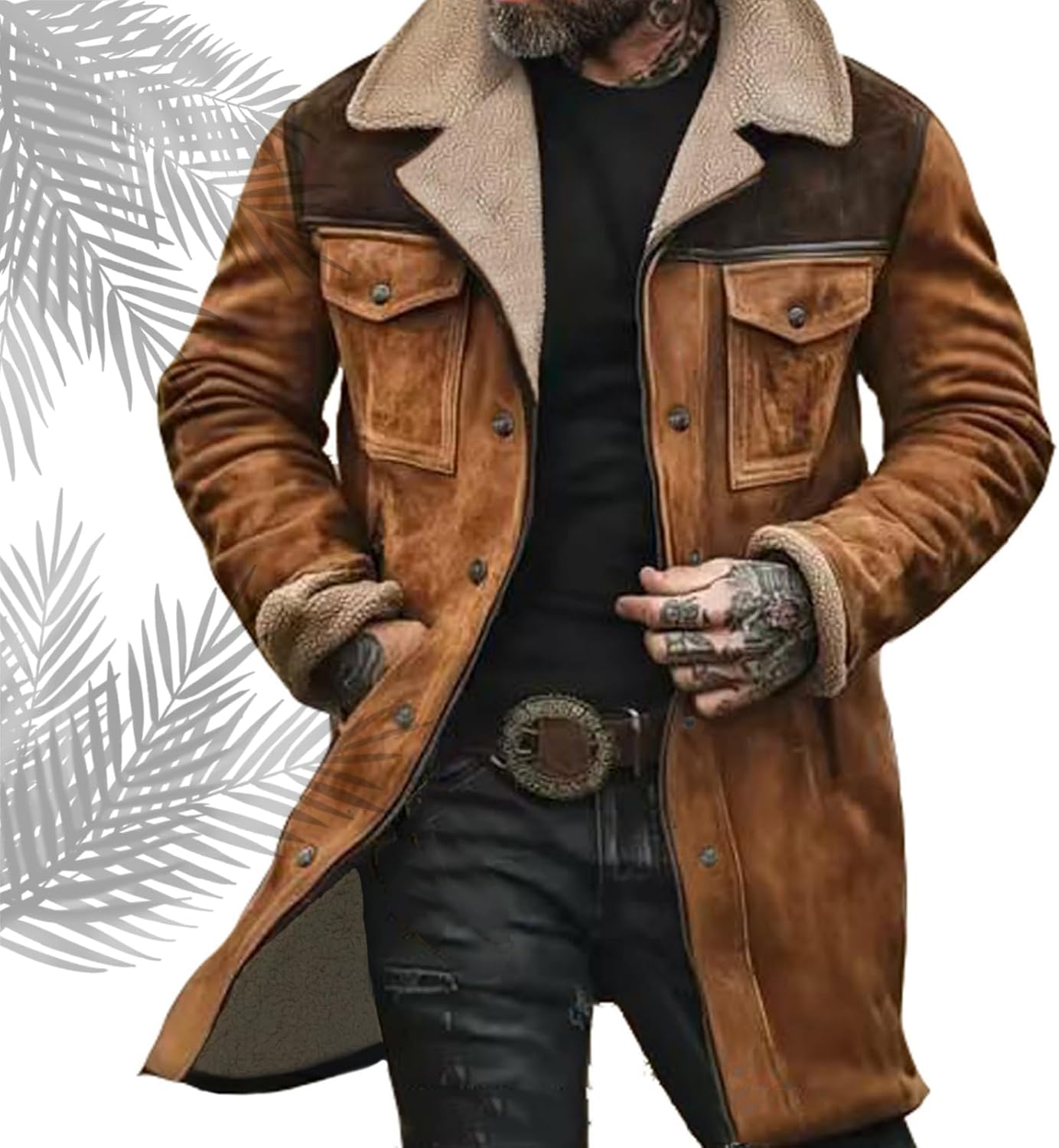Western Jackets for Men Casual Faux Suede Loose Jacket Vintage Winter Warm Long Sleeve Plush Collar Overcoat Everyday Outfit