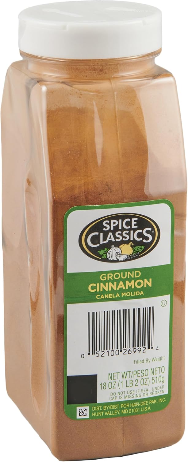 Spice Classics Ground Cinnamon, 18 oz - One 18 Ounce Container of Ground Cinnamon Powder, Perfect in Desserts, Hot Tea, Cider, Meat Rubs, and More