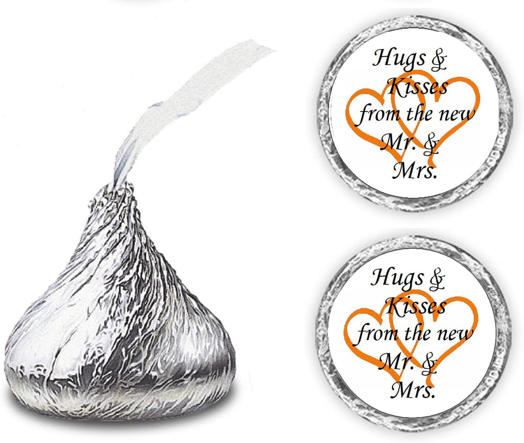 324 Hugs and Kisses from The New Mr. & Mrs. with Interlocking Hearts Wedding Stickers, Chocolate Drops Labels for Bridal Shower Engagement Party Decorations, Kiss Favors Decor. Made in USA (Orange)