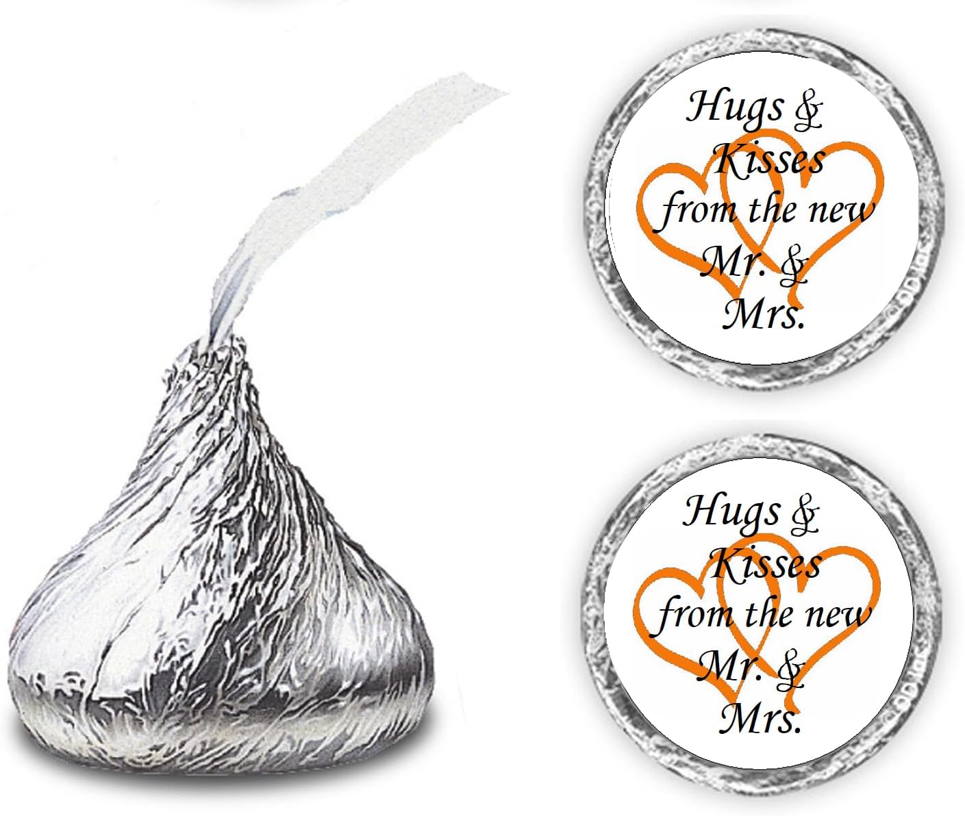 324 Hugs and Kisses from The New Mr. & Mrs. with Interlocking Hearts Wedding Stickers, Chocolate Drops Labels for Bridal Shower Engagement Party Decorations, Kiss Favors Decor. Made in USA (Orange)