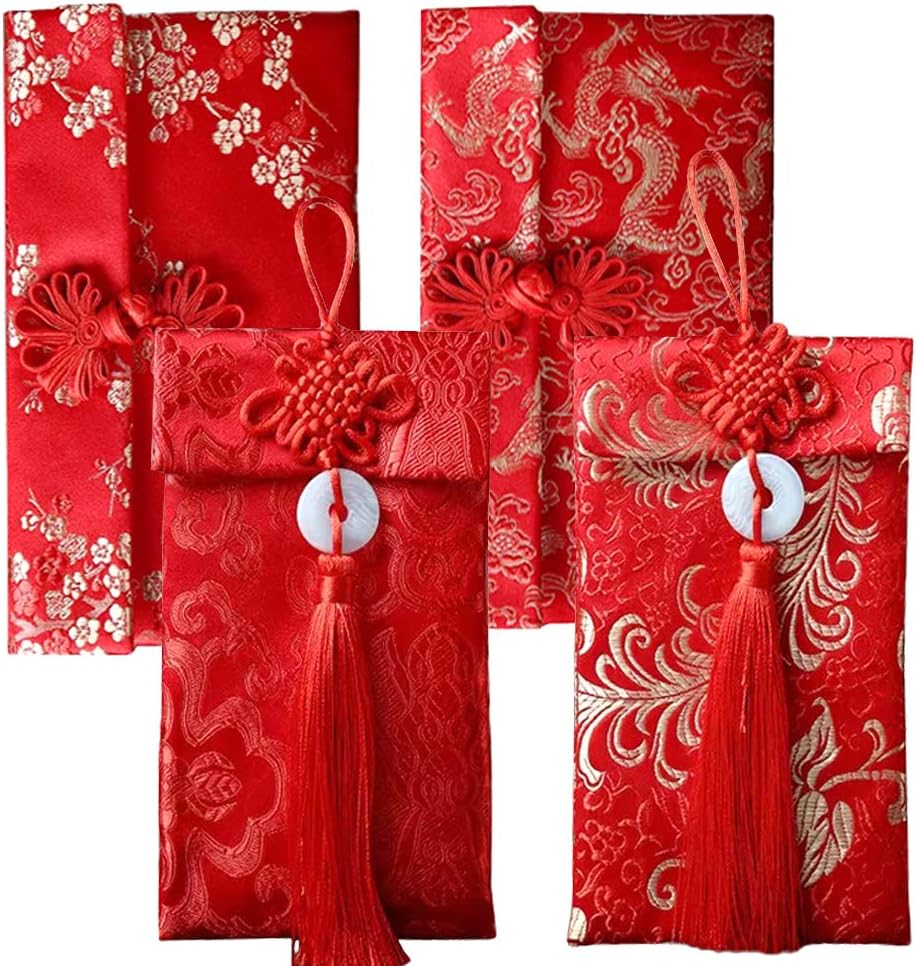 4 Pcs Silk Red Envelopes Lucky Money Pockets Hongbao Chinese Element Invitation Envelop for Wedding, New Year, Spring Festival
