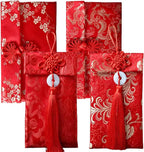 4 Pcs Silk Red Envelopes Lucky Money Pockets Hongbao Chinese Element Invitation Envelop for Wedding, New Year, Spring Festival