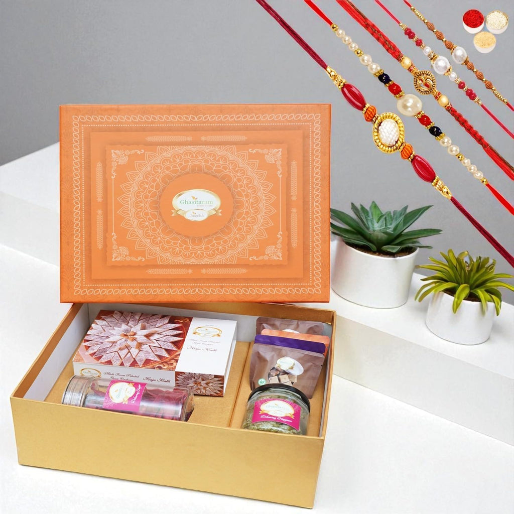 Ghasitaram Gifts Jaiccha Rakhi for Brother - Orange Hamper Box of Kaju Katlis, Namkeen and Dryfruit- Ohb-3 with 5 Rakhi