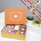 Ghasitaram Gifts Jaiccha Rakhi for Brother - Orange Hamper Box of Kaju Katlis, Namkeen and Dryfruit- Ohb-3 with 5 Rakhi