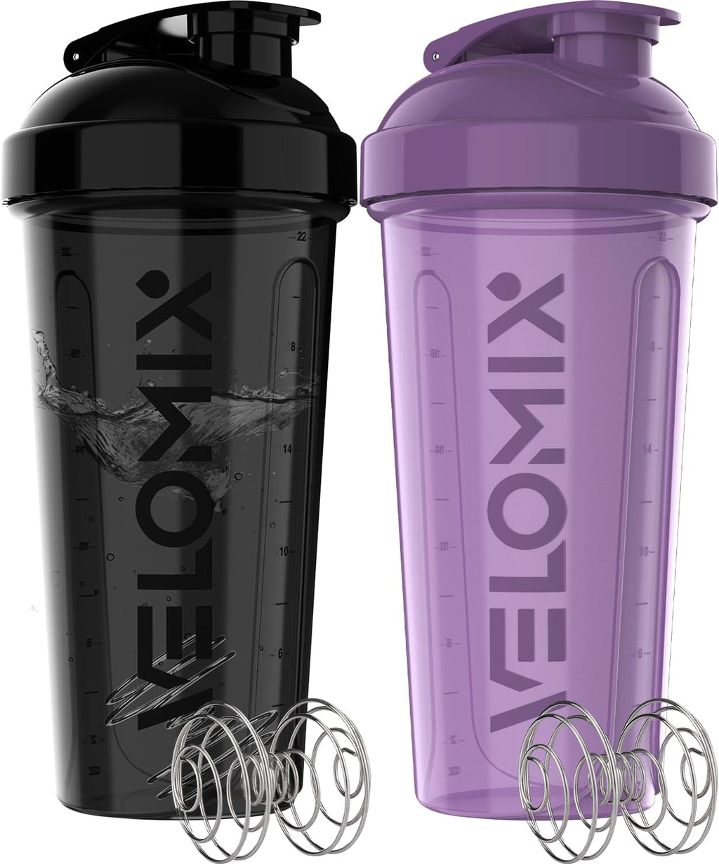 VELOMIX -2 Pack- 28 oz Protein Shaker Bottles for Protein Mixes - 2x Wire Whisk | Leak Proof Shaker Cups for Protein Shakes and Pre Workout | Protein Shaker Bottle Pack (Purple/Black)