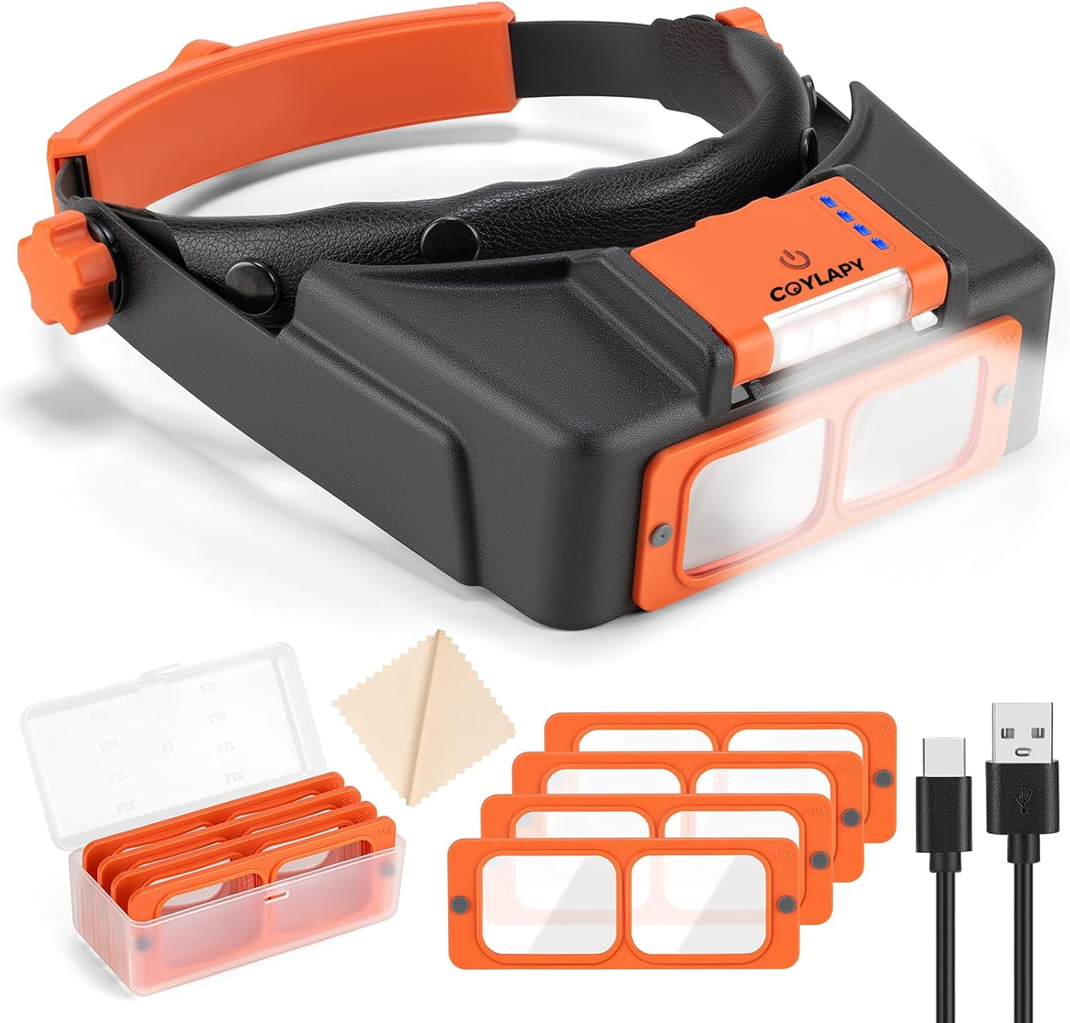 Headband Magnifier with Light, Rechargeable Magnifying Glasses for Close Work, 1.5X - 3.5X Magnify Headset with 4 Lenses, Jewelers Magnifying Glass Loupe Visor for Repair,Crafts, Hobby