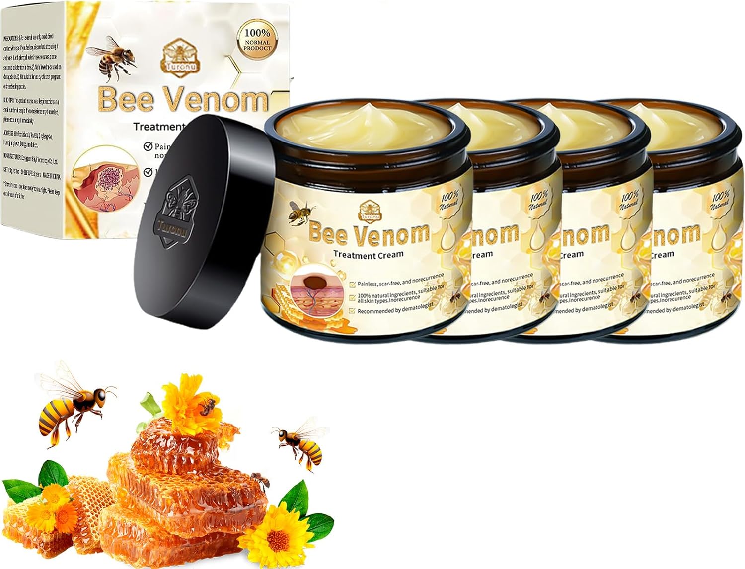 Turonu Bee Venom Cream, Bee Venom Mole and Wart Treatment Cream, Professional Bee Venom Skin Treatment Cream, New Zealand Bee Venom Gel, Natural Bee Venom Repair Cream for All Parts of The Body (4PCS)