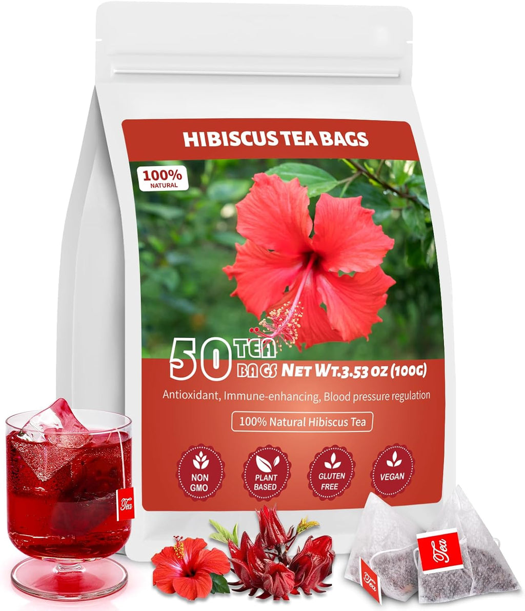 Hibiscus Tea Bags, 100% Natural Hibiscus Flowers Herbal High Blood Pressure Tea Bags, No Sugar/Gluten, Caffeine Free-50 Count (Pack of 1)