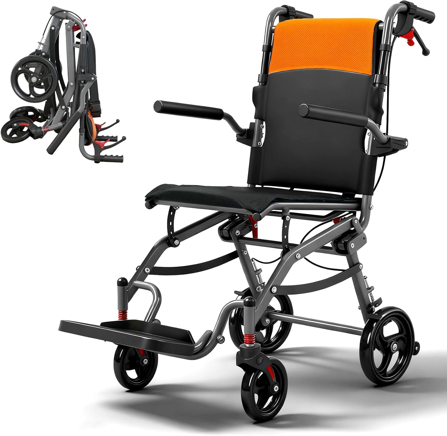 19lbs Transport Wheelchair Lightweight Foldable Adjustable Height, Narrow Small Wheelchair for Tight Spaces, Travel Transport Chair for Adults Seniors with Foldable Footrest and Armrests